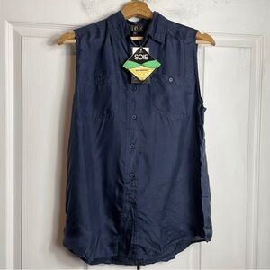 STONE SILKS Navy Button Down Top